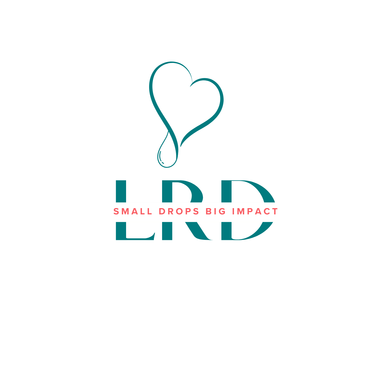 Love Rain Drop logo featuring a heart with a tear drop at the bottom, symbolizing compassion and impact. Includes the motto: "Small drops, big impact."
